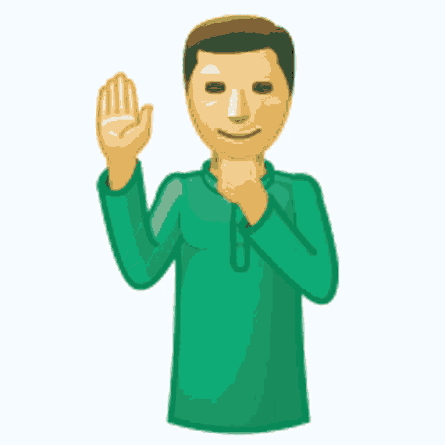 a cartoon of a man in a green shirt with his hand outstretched