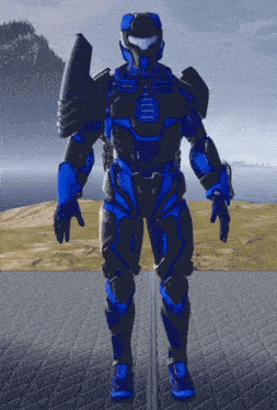a blue and black armored figure stands on a brick surface