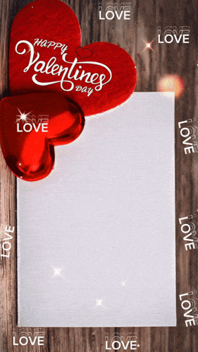 a valentine 's day card with two red hearts and a white paper