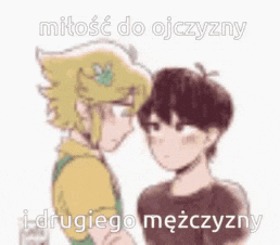 a couple of cartoon characters standing next to each other and looking at each other .