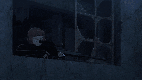 a person holding a gun with a light coming out of their mouth