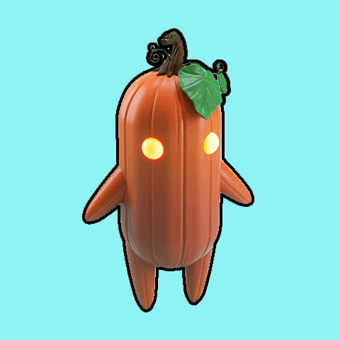 a cartoon drawing of a pumpkin with arms and legs on a blue background