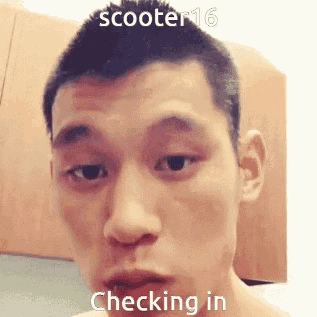 a close up of a man 's face with scooter16 checking in below him