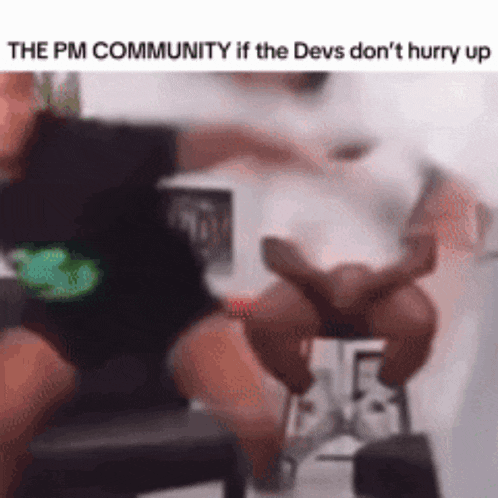 a blurry picture of a person sitting in a chair with the caption " the pm community if the devs don 't hurry up