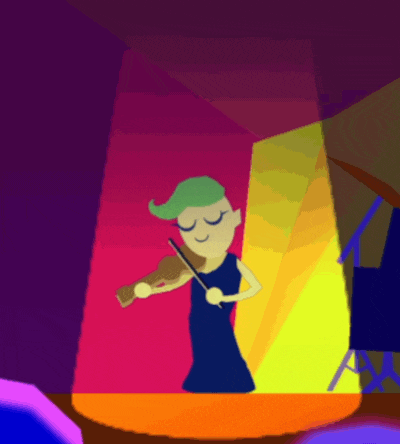 a cartoon of a woman playing a violin in a dark room