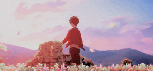 a man in a red jacket is standing in a field of flowers with mountains in the background