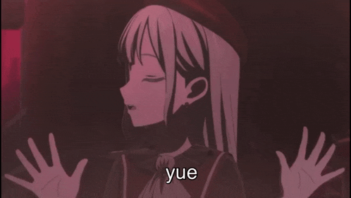 a girl with her eyes closed and the word yue in the corner