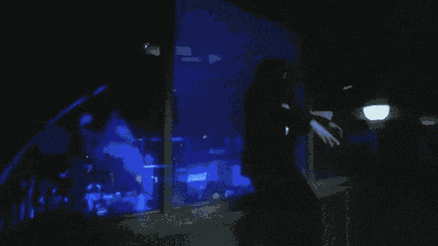 a person is standing in a dark room with a blue light behind them