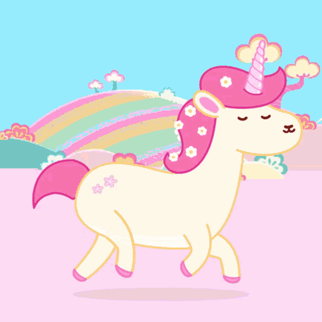 a unicorn with a pink mane and a pink horn is standing in front of a rainbow
