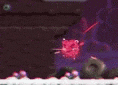 a cartoon character is standing in front of a brick wall in a video game with a purple background .