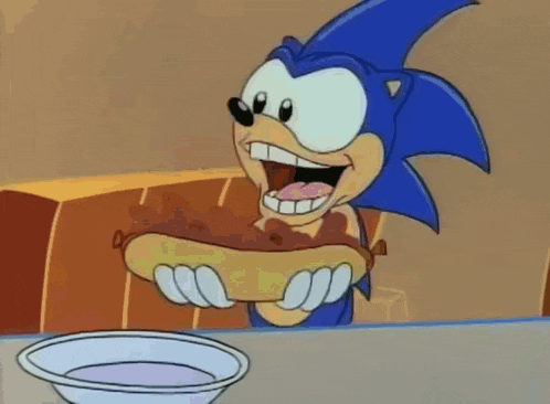 sonic the hedgehog is eating a hot dog in a cartoon .