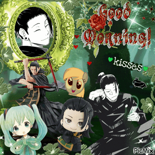 a good morning kisses greeting card with anime characters