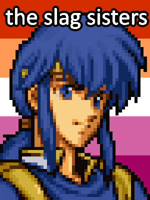a pixel art of a girl with the words " the slag sisters " on the bottom