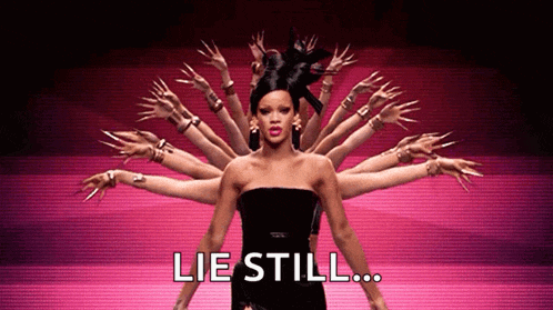 a woman in a black dress is surrounded by a bunch of hands and the words lie still below her