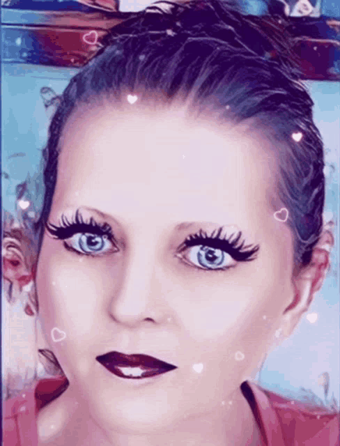 a close up of a woman 's face with hearts floating around her
