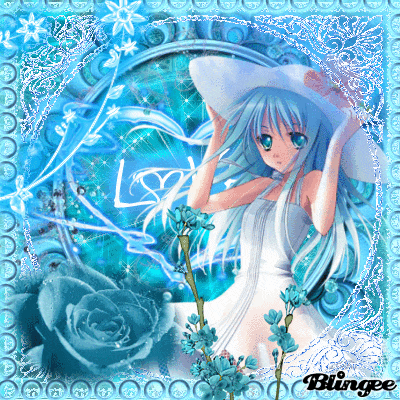 a girl with blue hair wearing a white hat and a white dress