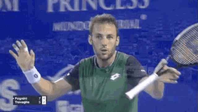 a man in a green shirt is holding a tennis racquet in front of a sign that says princess