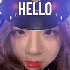 a woman wearing a police hat with the word hello on it