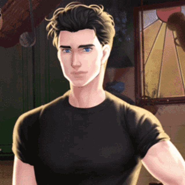 a man in a black shirt is standing in front of a window
