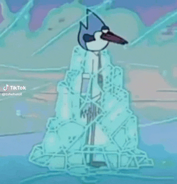 a cartoon character from the regular show is standing on top of a pile of ice .