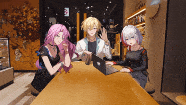 three anime characters are sitting at a table in front of a sign that says ' wok ' on it