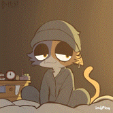 a drawing of a cat wearing pajamas and a sleep hat