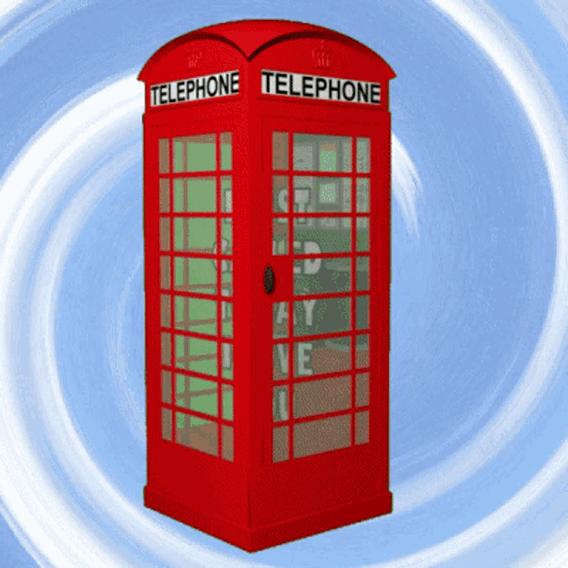 a red telephone booth is surrounded by a blue swirl