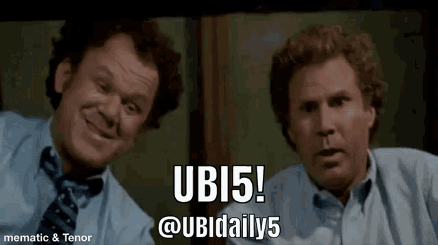 two men are sitting next to each other with the words ubi5 @ ubidaily5 on the screen