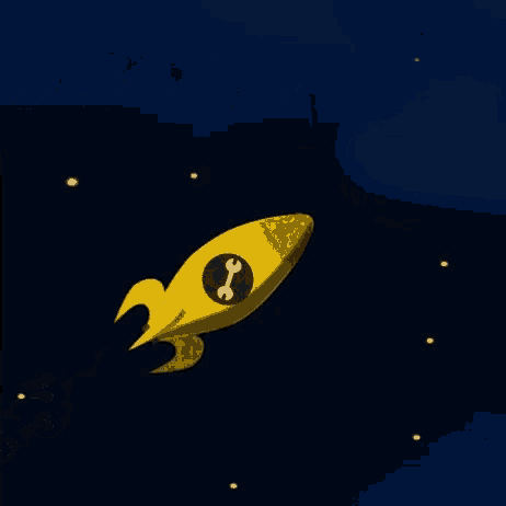 a yellow rocket with a wrench on it is flying through space with the words thank you written below it