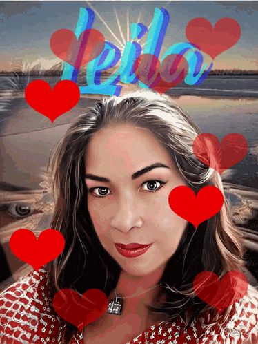 a woman is surrounded by red hearts and the word leila is above her