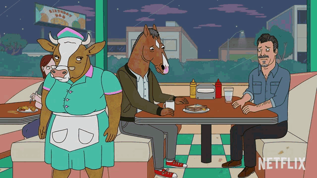 a cartoon of a cow and a horse sitting at a diner table with a netflix logo in the corner