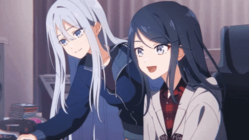 two anime girls are playing a video game together and one of them has a jacket that says rge on it