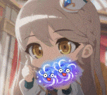 a close up of a cartoon girl holding a blue and purple object in her mouth