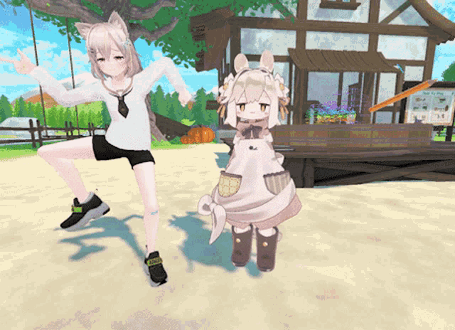 a couple of anime characters are standing in front of a house
