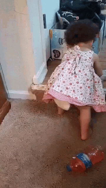 a little girl in a floral dress is standing next to a bottle on the floor .