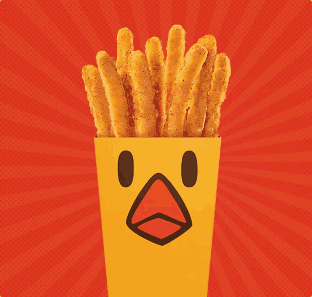 chicken nuggets in a yellow container with a cartoon face on it