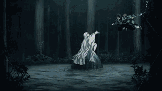 a man and a woman are fighting in a forest with water coming out of their hands