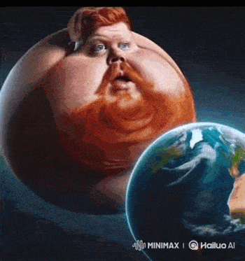 a cartoon of a man with a red beard standing next to a earth