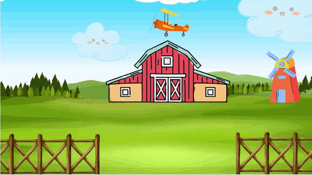 a cartoon drawing of a barn and windmill with a plane flying overhead