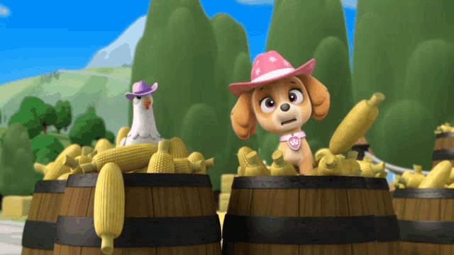 a cartoon dog wearing a cowboy hat is standing next to a chicken
