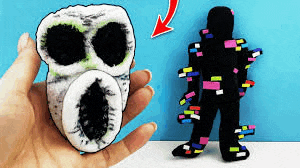 a person is holding a stuffed animal in their hand next to a drawing of a person .