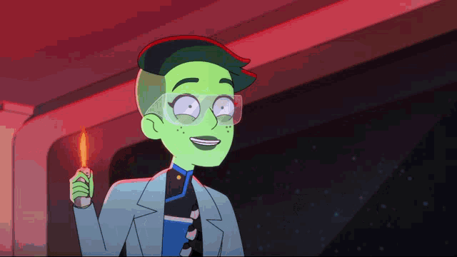 a cartoon character with green hair and glasses is smiling and holding a lighter