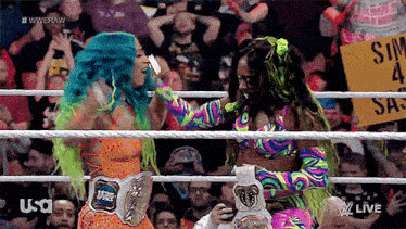 two women wrestling in a ring with a sign that says sin 4 sas