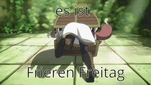a person is crawling out of a wooden chest with the words es ist frieren freitag written on it .