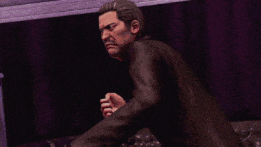 a man in a suit is sitting in a room with a purple curtain behind him