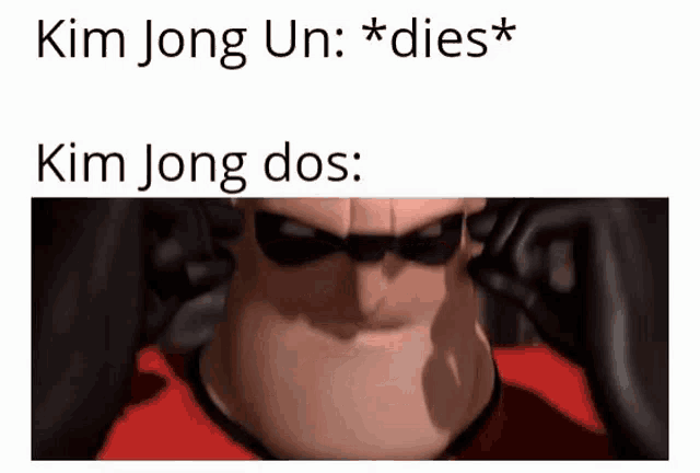 a cartoon character wearing sunglasses and a red shirt is talking about kim jong un and kim jong dos .
