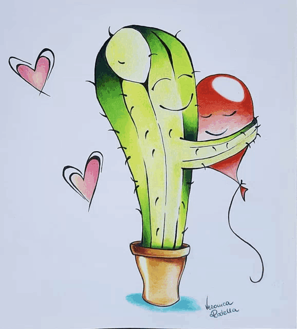 a drawing of a cactus hugging a red heart with the name veronica written below it