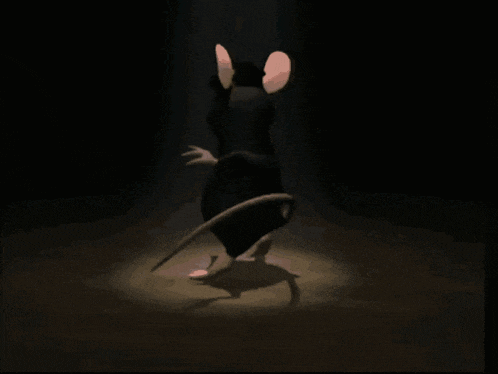 a cartoon rat wearing a top hat is standing in a dark room