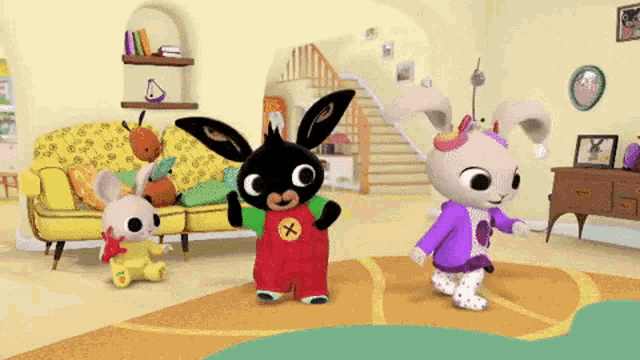 a bunch of rabbits are dancing in a living room with a yellow couch