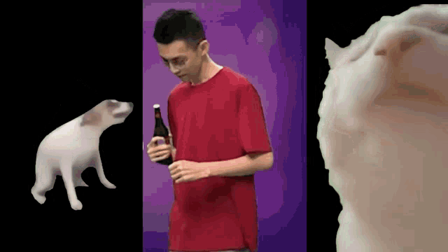a man in a red shirt is holding a bottle next to a dog and a cat .